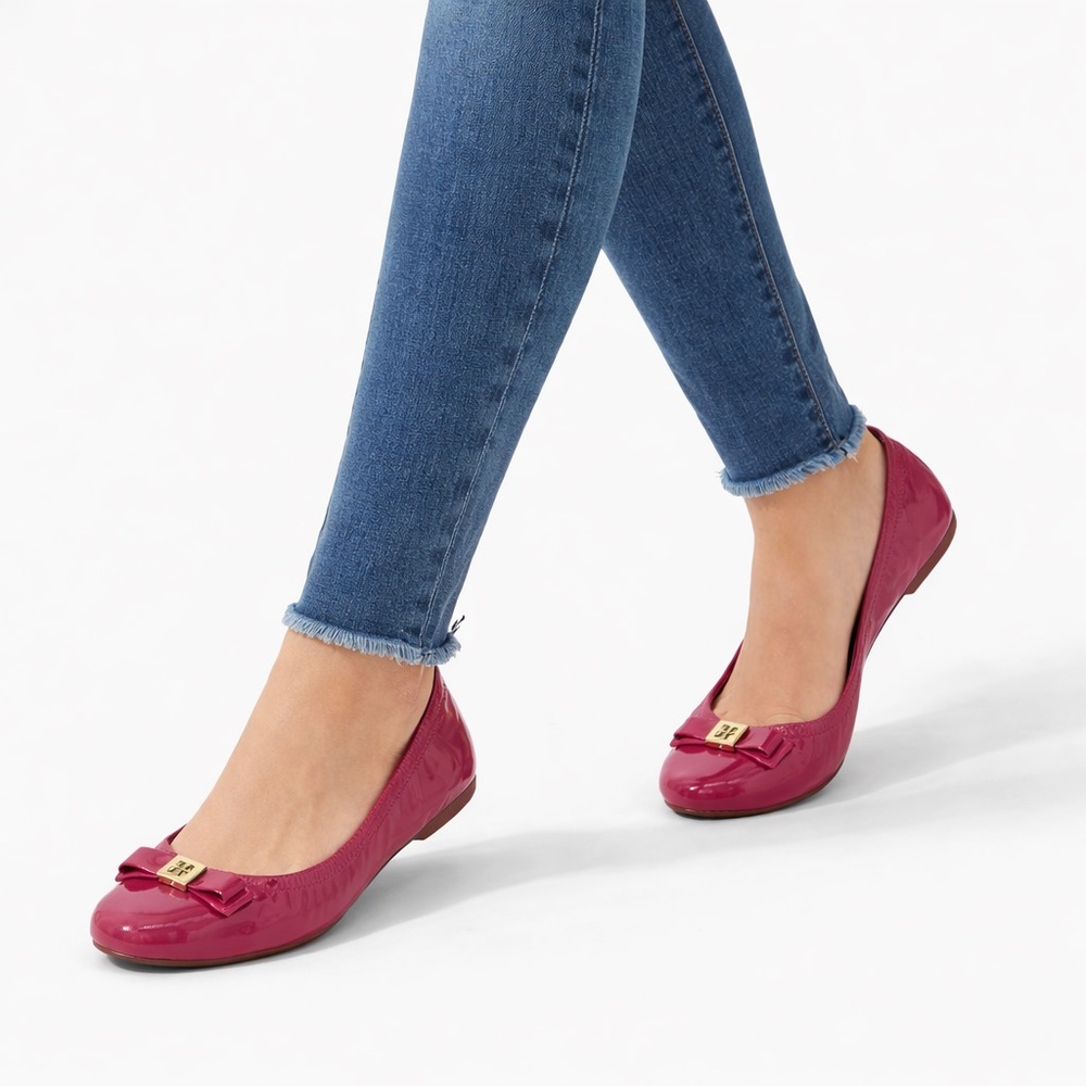 Tory Burch Eddie 2 Fuchsia Patent Leather Ballet Flats Logo Bow